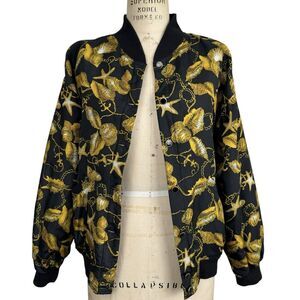 Vintage Lauren Brooke Womens 100% Silk Bomber Jacket M Black Seashells Coastal